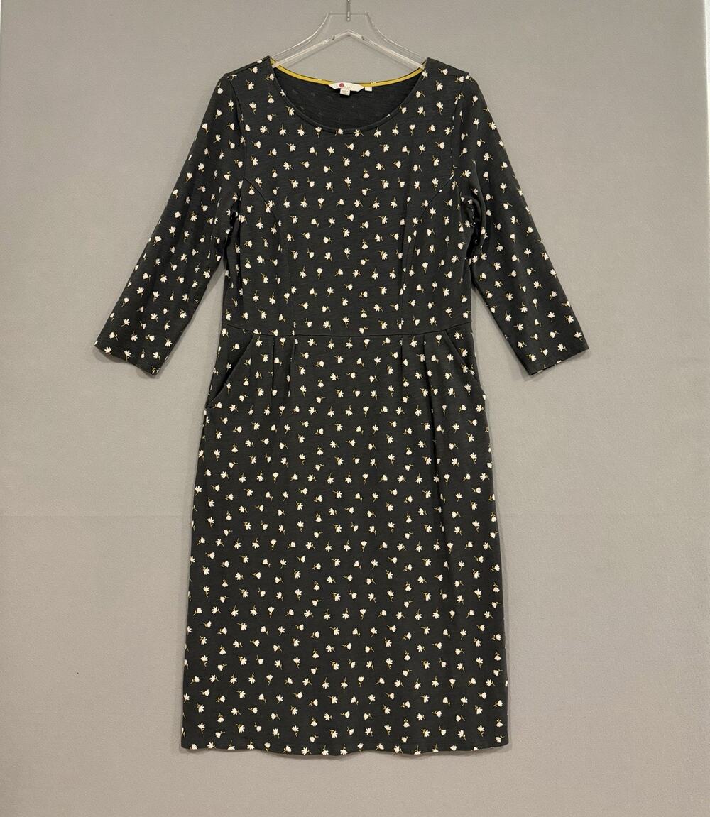 Boden Dress US12L UK16L Tall Gray Daisy Print Pockets Cotton Penny Dress